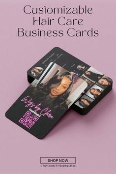 two business cards with the words, customizable hair care business cards shop now