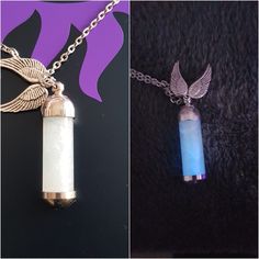 Supernatural inspired angel grace pendant necklace or keyring. Wear your own little bit of angel grace! Handmade with resin inside that glows in the dark after exposure to UV light. (For best glow use a torch or for optimal results a UV torch to "charge up") Pendant chain measures 25cm.  Vial measures approx 4.0cm in length. Keyring is silver tone metal. Made from resin, glass and stainless steel with angel wings charm. These are handmade so please allow some differences in colour and glow from Supernatural Angels, Castiel, Fantasy Jewelry, Uv Light, Resin Jewelry, Angel Wings, Necklace Pendant, In The Dark, Glow In The Dark