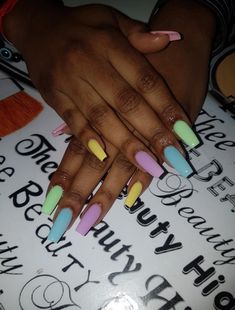 4 Color Nail Design, Multicolour Acrylic Nails, Different Color Nails On Each Finger, Acrylic Nails Colourful, Different Color Nails On Each Hand, Nails With Different Colors, Two Different Colored Nails On Each Hand, Mixed Color Nails, Pastel Gel Nails