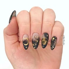 150 + Get Ready for Spring with These Stunning Nail Ideas 2023 | Summer Nails Grunge Fairy Core Nails Acrylic, Witchy Gel Nail Designs, Black Small Acrylic Nails, Witchy Almond Nails, Astral Nails, Uñas Halloween Aesthetic, Nail Art Witch, Astrology Nail Art, Moon Nails Design