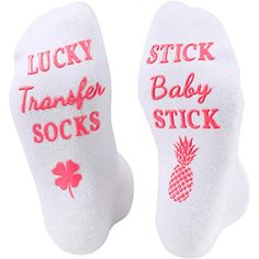 IVF SOCKSHospital socks for labor and delivery. Funny and novelty rubber letters non-slip design: “LUCKY TRANSFER SOCKS, STICK BABY STICK”; Made of luxury cotton, which is soft and moisture wicking, wrapping your feet with excellent comfort. It will show your encouragement and support for her to continue this difficult process.SIZE & PACKINGLabor and delivery socks non skid. One size fits all socks, recommend women shoe size 6 - 11; 1 pair of labor socks comes in each plastic zipper bag.GIFT Funny Letter Print Socks Gift, Funny Letter Print Socks As Gift, Cute White Socks With Letter Print, Super Soft Playful Socks For Gift, Playful Super Soft Socks For Gifts, Comfortable Non-slip Socks For Gift, Comfortable Non-slip Socks As Gift, Personalized White Socks Gift, White Fun Non-slip Socks