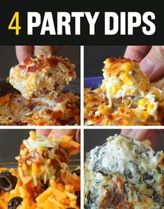 four different views of party dips with cheese and other toppings on them, including cheesy potato chips