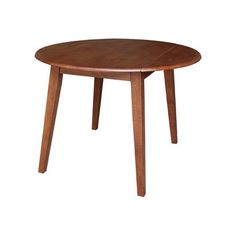 a wooden table with two legs and a small round wood table top on an isolated white background