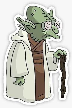 a sticker with an image of yoda from star wars holding a cane in his hand