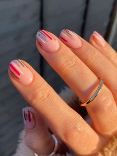 short nude nails with festive lines Short Nail Designs Festival, Very Short Nails Ideas Winter, Christmas Short Gel Nail Designs, New Year Short Nails Design, Minimalist Festive Nails, Winter 2023 Nails Short, Christmas Biab Nail Designs, Simple Christmas Nail Art For Short Nails, Holiday Biab Nails Short