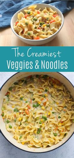 two pictures showing different types of noodles and vegetables in a skillet with the words, the cremest veggies & noodles