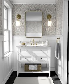 a bathroom with two sinks and a large mirror on the wall next to a window