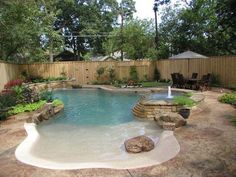 a backyard with a swimming pool surrounded by landscaping