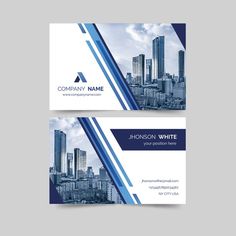 two business cards with blue and white lines on the front, one is for company name