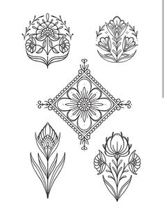 four different flower designs drawn in black ink on white paper with the words, flowers and leaves