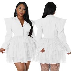 Yipinpay Women Notched Neck Puff Long Sleeve Mesh Cascading Ruffles Single Breasted Big Swing Blazer Dress Elegant Chic Vestidos – yipinpay White Long Sleeve Dress With Ruffled Skirt, White Peplum Dresses With Ruffles, White Peplum Dress With Ruffles, Peplum Mini Dress With Ruffles For Night Out, White Pleated Mini Dress For Fall, Tiered Mini Dress For Fall Party, White Tiered Dress For Fall, White Ruffled Mini Dress For Fall, Blazer Dress Women