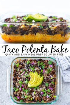 taco pokenta bake in a glass casserole dish with an avocado slice on top