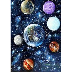 a painting of planets in the sky with stars on it metal print by anana art