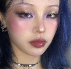 Pink Rose Makeup Looks, Purple Glowy Makeup, Bright Douyin Makeup, Dreamy Douyin Makeup, Kaleidos Lunar Lavender, Asian Fairy Makeup, Asian Rave Makeup, Douyin Makeup European, Colourful Douyin Makeup