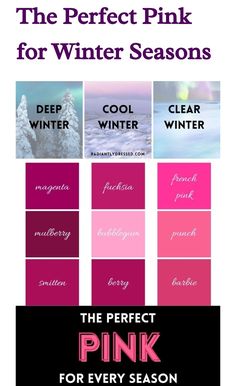 Clear Winter Vs Cool Winter, Makeup For Bright Winter, Pink Color Chart, Deep Winter Palette Outfits, Colour Season