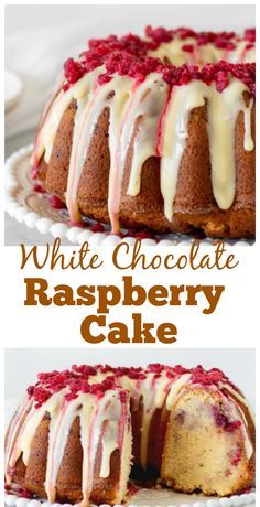 two pictures of a cake with white chocolate and raspberry glaze