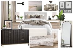 the bedroom is decorated in neutrals and whites