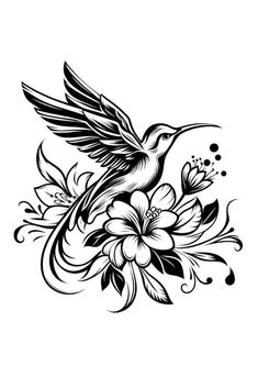 a black and white drawing of a humming bird with flowers