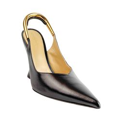 Retail price: $23001st UAL Price: $805 Bottega Veneta women's heels Slip on style Closed, pointed toe Slingback style with gold tone metal strap Sculptural, wedge heel Upper: Leather Insole: Leather Outsole: Leather, Rubber Heel Measures Approx. 4.5" Made in Italy Material: Leather, RubberStyle: Punta Pumps Color: Black Comes in original box & dustbag A quick note about our shoes: All shoes come from a retail sales floor and may have been tried on. They can occasionally have some light marks or Luxury Gold Slingback Pumps With 4-inch Heel, Luxury Gold Leather Slingback Pumps, Formal Ankle Strap Heels With Metal Feet, Leather Slingback Pumps With Gold-tone Hardware For Party, Luxury Slingback Pumps With Sculpted Heel For Evening, Luxury Slingback Pumps With Ankle Strap And Gold-tone Hardware, Luxury Slingback Heels With Gold-tone Hardware, Designer Pointed Toe Slingback Pumps For Gala, Designer Slingback Pumps With Gold-tone Hardware For Evening