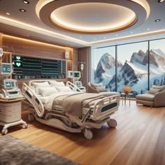 an empty hospital room with mountains in the backgroud and windows to the side