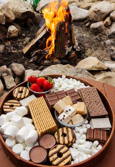 a fire pit filled with marshmallows, crackers and strawberries