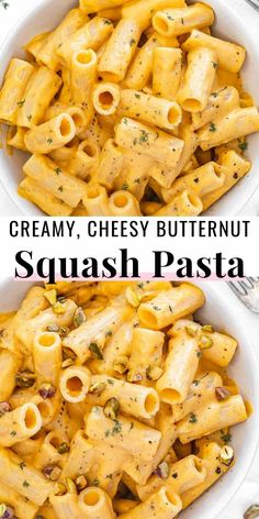 two bowls filled with creamy cheesy butternut squash pasta