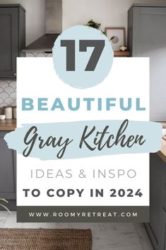 gray kitchen cabinets with text overlay that reads 17 beautiful gray kitchen ideas and inspo to copy in 2014