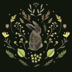 a rabbit surrounded by flowers and leaves on a black background