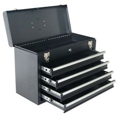 an open black briefcase with five drawers