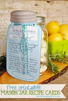 mason jar recipe cards with lemons and rosemary on the side for free printable