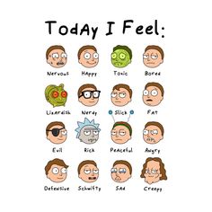 cartoon faces with different facial expressions and the words today i feel written on each face