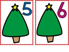 the number five is in front of two christmas trees with stars on top and numbers behind them