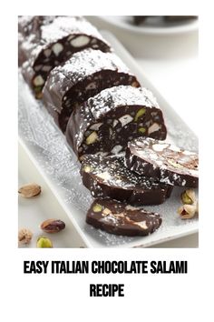 chocolate salami recipe with almonds and pistachio on white plate, ready to be eaten