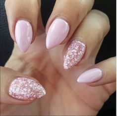 Glitter and pink polish is the perfect combo for a Spring mani! {: @rsteen17} #MarilynMonroeSpas #MMSMillsPark #MarilynMani Almond Nails Designs Pink Sparkle, Pink Glitter Almond Nails Sparkle, Classy Spring Nails Almond Pink, Pink Nail Ideas Almond Shape, Pink January Nails, Elegant Almond Nails Classy Pink, Pink Almond Nails With Glitter, Glitter Ombre Nails Almond, Short Pointy Nails Almond