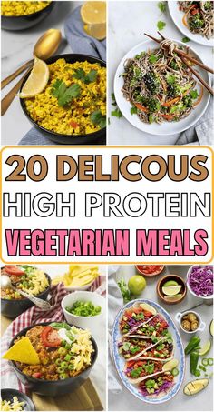 Looking for healthy high protein recipes? Here are 20 high-protein vegetarian meals. #highprotein #Vegetarian Protein Foods Vegetarian, Protein Rich Dinner Vegetarian Recipes, High Protein Vegetarian Bowls, Hi Protein Vegetarian Recipes, Quick Healthy Meals Vegetarian, Vegetarian Protein Lunch Ideas, High Protein Veggie Dinner, High Protein Meatless Meals Dinners, Protein Meals Without Meat