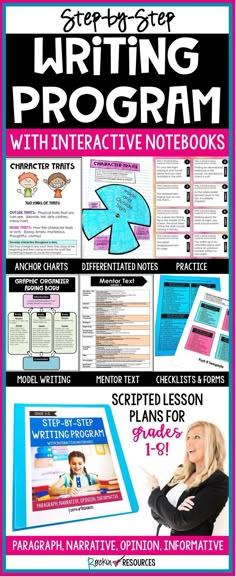 the writing program with interactive notebooks is shown in pink and black, along with an image