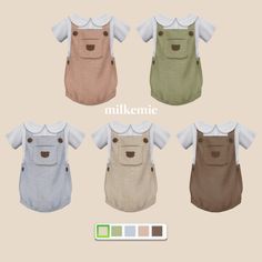 four different colored overalls with buttons on the front and back, all in various colors