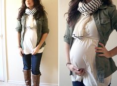 the pregnant woman is wearing boots and jeans