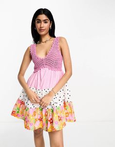 ASOS DESIGN crochet babydoll mini dress in pink mixed print | ASOS Crochet Babydoll, Design Crochet, Babydoll Mini Dress, Malibu Barbie, Fashion Prints, Crochet Top, Baby Dolls, Online Shopping, Latest Trends