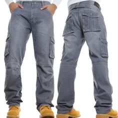 Gray Denim Pants With Pockets, Gray Full-length Denim Pants, Gray Denim Jeans With Side Pockets, Gray Denim Jeans With Cargo Pockets, Gray Cargo Style Cotton Jeans, Gray Cotton Cargo Style Jeans, Gray Cotton Cargo Jeans, Gray Straight Leg Jeans With Multiple Pockets, Gray Cotton Jeans With Multiple Pockets