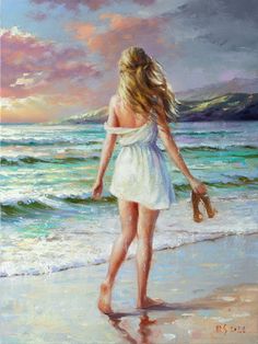 a painting of a woman walking on the beach with her hand in her other hand