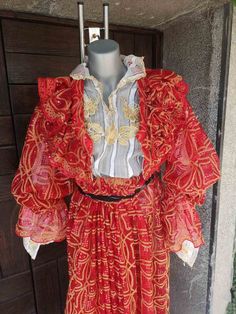 This is a woman's ethic costume, gipsy ethnic costume. It was made in the middle of the last century and is kept in a very good condition .The colors of any part of the costumes are in great shape, still strong. The costume has typical woman's pants, called 'shalvari' and hand embroidered shirt with gold shinny thread. This item will be send via DHL Express. Tracking No. Service is available for any order in our shop. (You will be able to track your item online) Getting your product in your hand Traditional Red Dress For Costume Party, Red Festival Costume Dresses, Hand Embroidered Shirt, Vintage Vest, Line Shopping, Women's Costumes, Macedonia, Embroidered Shirt, Costumes For Women