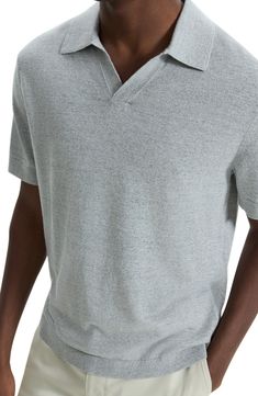 Breezy and lightweight, this Italian-crafted polo is a classic pick for the warm-weather seasons. 25 1/2" length (size Medium) Johnny collar Short sleeves 63% linen, 22% cotton, 11% polyester, 4% other fibers Hand wash, dry flat Imported Casual V-neck Polo Sweater For Summer, Casual Johnny Collar Polo Sweater For Summer, Casual Summer Polo Sweater With Johnny Collar, Casual Summer Polo Sweater With Ribbed Collar, Fitted Cotton Polo Sweater For Summer, Gray Collared Polo Shirt For Summer, Classic Fitted Summer Polo Sweater, Casual Polo Sweater With Johnny Collar For Spring, Classic Polo Sweater With Johnny Collar For Summer