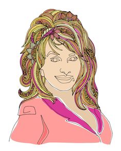 a drawing of a woman with blonde hair and pink shirt, smiling at the camera