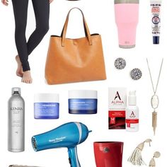 the contents of a woman's purse are shown in this image, including hairdryer, cosmetics, and other items