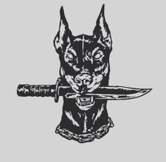 a black and white drawing of a dog holding a knife