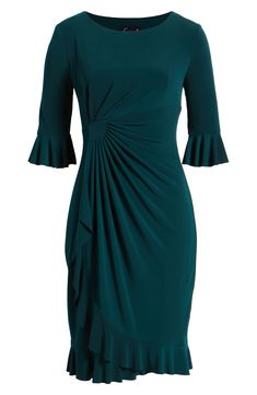 Stretch-enhanced fabric offers desk-to-dinner comfort in a dress framed by ruffled sleeves and finished with front pleats for a gathered affect. 40" length (size 8) Jewel neck Elbow-length sleeves Partially lined 100% polyester Machine wash, tumble dry Imported Elegant Green Ruched Dress, Elegant Green Ruched Midi Dress, Formal Pleated Draped Dress, Fitted Ruffle Sleeve Dress With Ruched Detail, Formal Green Ruched Midi Dress, Fitted Ruched Ruffle Sleeve Dress, Fitted Pleated Draped Dress, Green Fitted Dress With Draped Sleeves, Fitted Draped Midi Dress With Ruffles