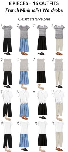 8 Pieces = 16 Outfits: French Minimalist Carry-On Travel Capsule Wardrobe - Classy Yet Trendy These 8 pieces in The French Minimalist Capsule Wardrobe: Summer 2019 Collection will make 16 outfits outfit idea! You can pack these items in a carry-on suitcase for your next vacation and wear a different outfit for over 2 weeks. #traveltips #travelhacks #traveloutfit #packinglist #capsulewardrobe #outfitoftheday #outfitideas #vacationoutfits #packingtips French Minimalist Wardrobe, Travel Capsule Wardrobe Summer, 16 Outfits, French Minimalist, Minimalist Moda, French Wardrobe, Minimalist Summer