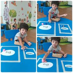 a collage of photos showing a child playing with letters and numbers on the floor