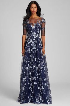 Embroidered Lace Illusion Gown With Elbow Sleeves Mother Of The Bride Aline Dresses, Montage Mother Of The Bride Dresses, Dark Blue Mother Of The Bride Dress, Winter Mother Of The Bride Dresses, Petite Mother Of The Bride Dresses, Mog Dresses, Mob Dress, Cinderella Moments, Illusion Gown